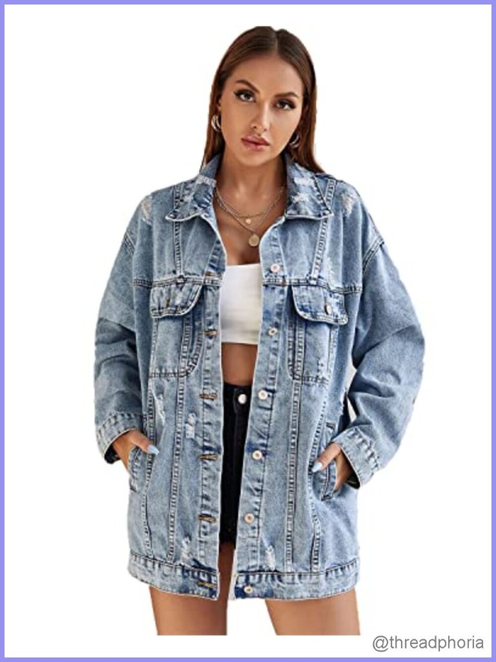 Oversize Denim Jacket Mid Long Ripped Vintage Jean Coat